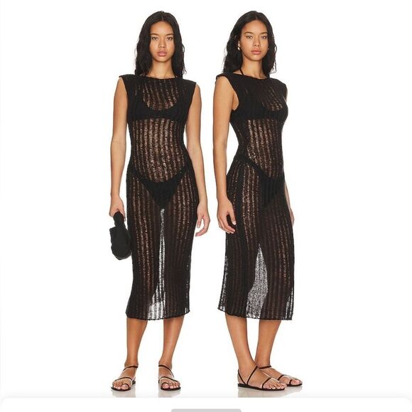 Belle The Label Wisteria Knit Maxi Dress in Black soft open crochet midi Revolve - Picture 1 of 11